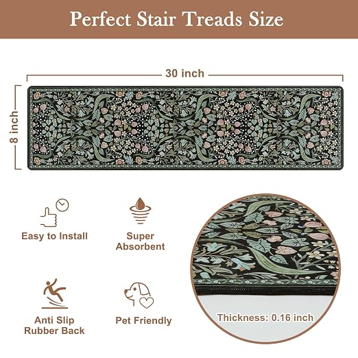 OJIA Floral Stair Treads Non-Slip Stair Runner for Wooden Steps 4PCS 30"x8" | Indoor Carpet Stair Treads Stair Mats Staircase Step Treads for Kids, Elders and Dogs, Stair Covers, Black