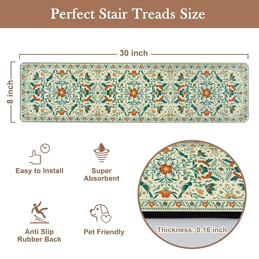 OJIA Non-Slip Stair Treads Stair Runner for Wooden Steps Indoor 15PC 30"x8" | Floral Carpet Stair Treads Stair Mats Staircase Step Treads for Kids, Elders and Dogs, Stair Covers, Beige