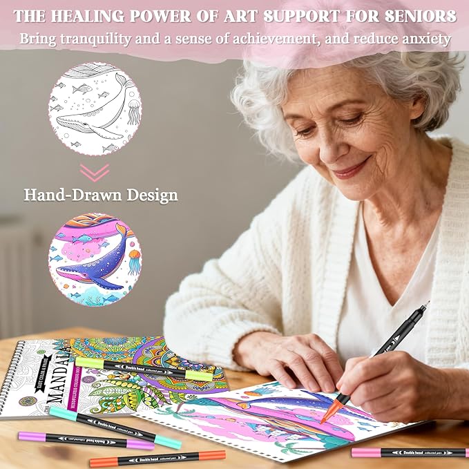 Vashly Large Print 350+ Memory Activities for Seniors: 6-In-1Set Brain Exercise Books with Sudoku, Crossword, Word Hunt & Coloring Books, A4 Spiral Bound, Includes 24 Markers, Gift for Elderly Adults