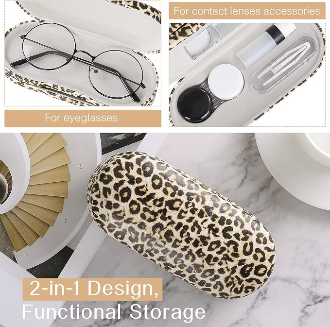 MoKo Double Eyeglass Case, Contact Lens Case with Mirror Tweezers Remover, 2 in 1 Double Sided Portable Contact Lens Box Holder Container Storage Kit Sunglasses Pouch for Men & Women, Leopard