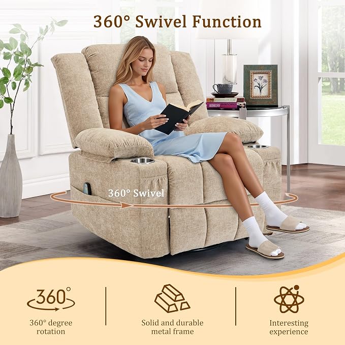 Korser 360° Swivel Rocker Recliner for Adult, Nursery Glider Recliners with Massage & Heating, Rocking Chair with Cup Holder, Manual Recliner Chair for Living Room, Bedroom (Khaki)