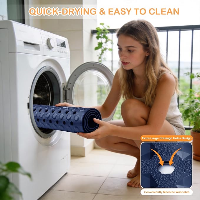 Yimobra Bathtub Mat Non Slip, 34.5"X15.5" Long Shower Mat for Inside Shower, Machine Washable Bath Mat with Drain Holes & Strong Suction Cups, Soft on Feet, Bathroom Essentials, Dark Blue