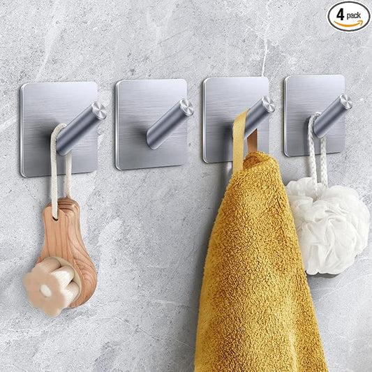 xdgeLoad Heavy Duty Adhesive Hooks, Bath Towel Hooks 4 Pack, Adhesive Wall Hooks for Bathrooms/Coat/Robe/Kitchen, Non-Punching self-Adhesive Hooks, Matte Stainless Steel Silver