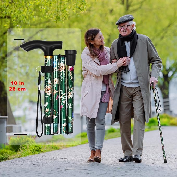 MFE Folding Cane, Portable 5-Level Adjustable Height Walking Stick with Foldable Design, Wrist Strap, and T Handle for Men and Women