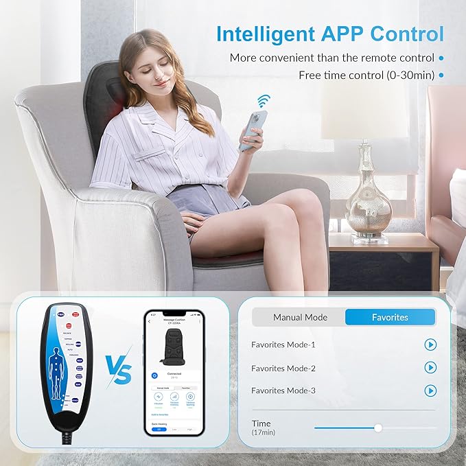 COMFIER Back Massager with Heat, App Control Vibration Massage Seat Cushion, 10 Motors & 3 Heat Levels Chair Massager Pad, Gifts for Mom,Dad Home Office Use,Black