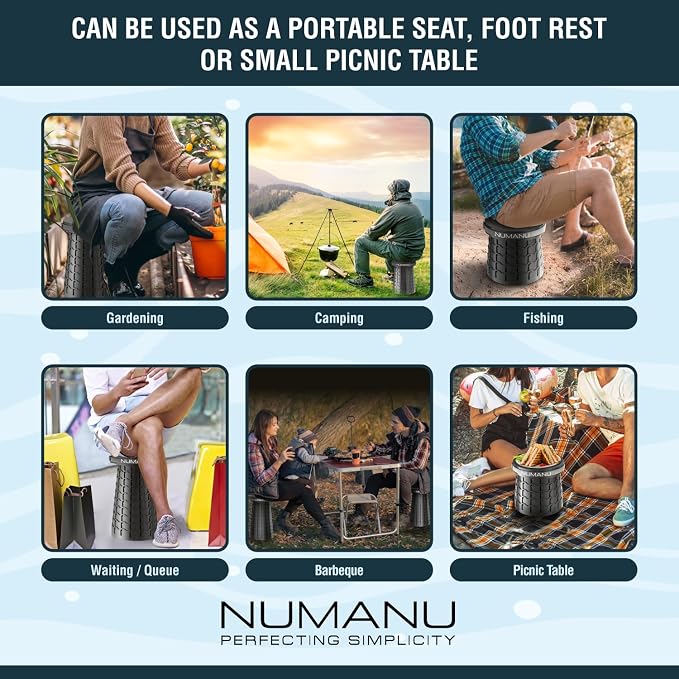 NUMANU XXL Collapsible Stool for Adults, Portable Folding Seat, 1000 lbs | Heavy-duty big & tall stool, telescoping 2.7-19.7in adjustable, retractable, wide 11.8in seat; travel, sports, camping