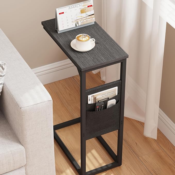 TUTOTAK C Shaped End Table, Side Table for Couch, Sofa Table | with Storage Bag, TV Tray for Living Room, Bedroom, Black TB01BK082