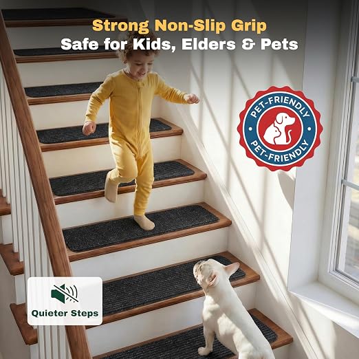 MBIGM Carpet Stair Landing Mat, 1 Pack, 2'6" x 2'6", Black | Polyester carpet surface with PP mesh, nonwoven cushioning, and TPR adhesive backing for indoor stair coverage.