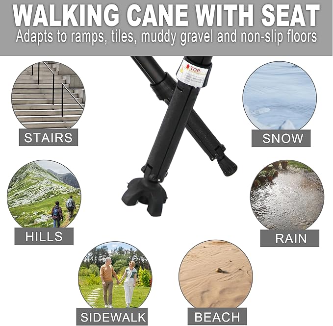 XXL Portable Walking Cane with Seat, Adjustable 34"-37" Foldable Lightweight Aluminum Anti-Slip Walking Stick for Men & Women, 550 Lbs Cane with Chair for Travel Hiking with Carry Bag