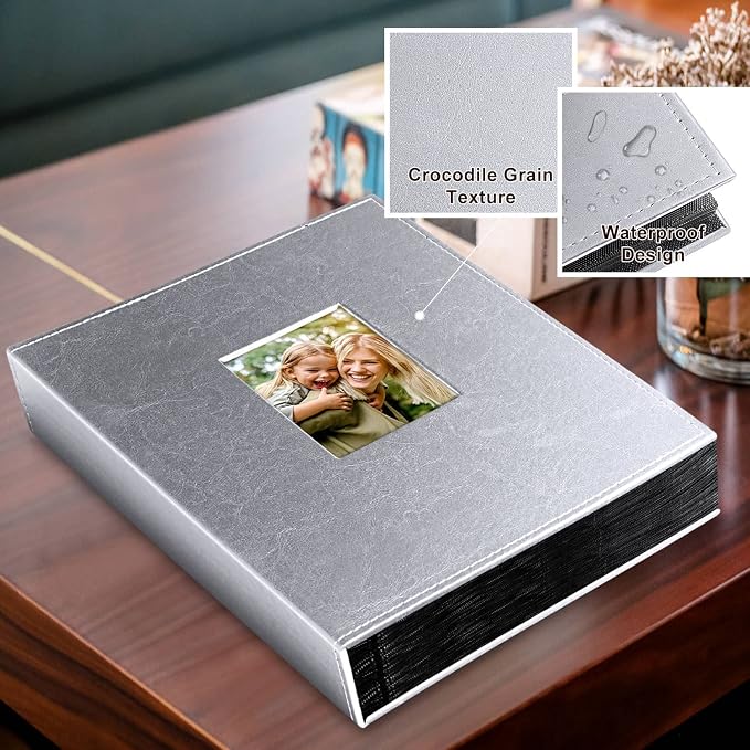 Ywlake Photo Album 4x6 400 Pockets, Leather Photo Albums Holds 400 Vertical Pictures Only Silver
