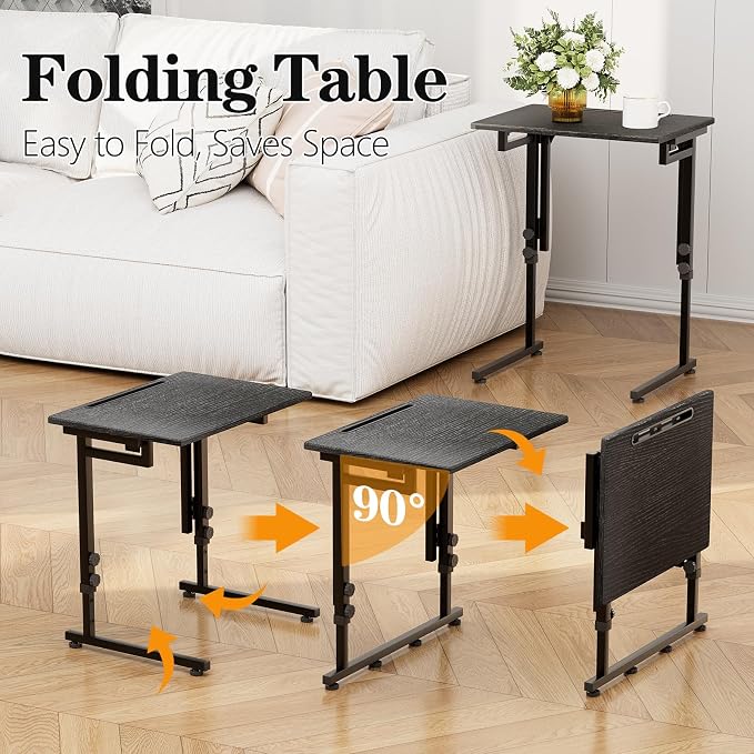 Adjustable Height Tv Tray Table,Portable Folding Tv Tray Dinner Snack Trays Table,Small Foldable C-Shaped End Table for Eating,Slide Under Couch Side with Sturdy MDF Top,No Assembly(Black+Black)