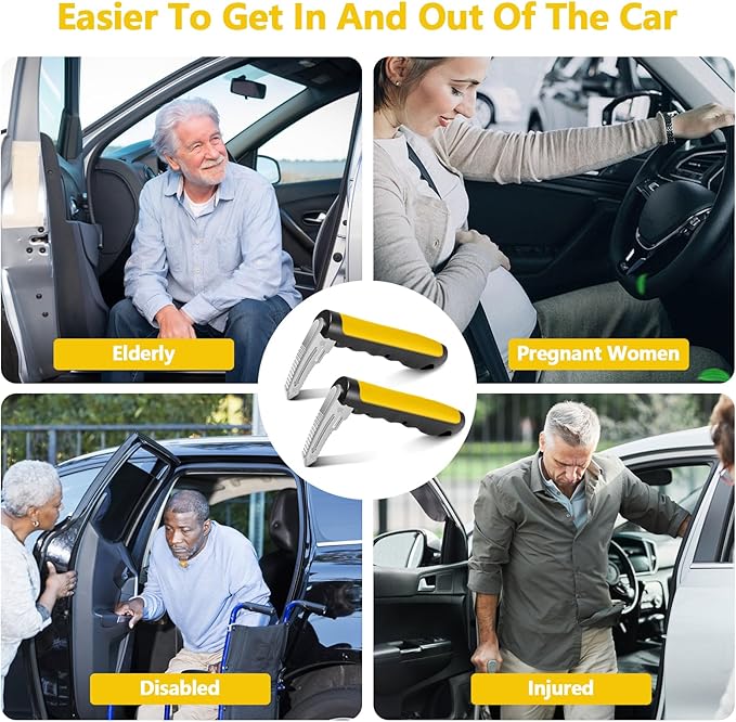 Car Door Handle for Elderly - 2025 New 3-in-1 Car Handle Assist, 2 Pack Auto Cane Portable Vehicle Support Handle Door Assist Bar, Max Load 500 Lbs, Anti-Slip Design (Yellow-2-Pack Car Handle)