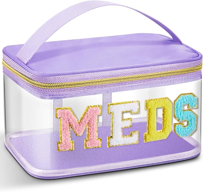 Geetery Chenille Letter Bag, Meds Cheer Travel Cases Cheerleader Gifts Cosmetic Bag Nylon Makeup Portable Preppy Patch with Zipper Toiletry Storage Case for Women(Purple,Meds)