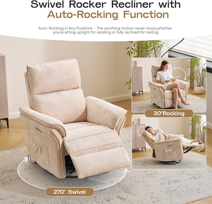 Power Nursery Recliner with Auto Rocking,Oversized Swivel Rocker Recliner with Massage and Heat,Glider Recliner Nursery Chair with Adjustable Headrest for Living Room and Bedroom,Beige