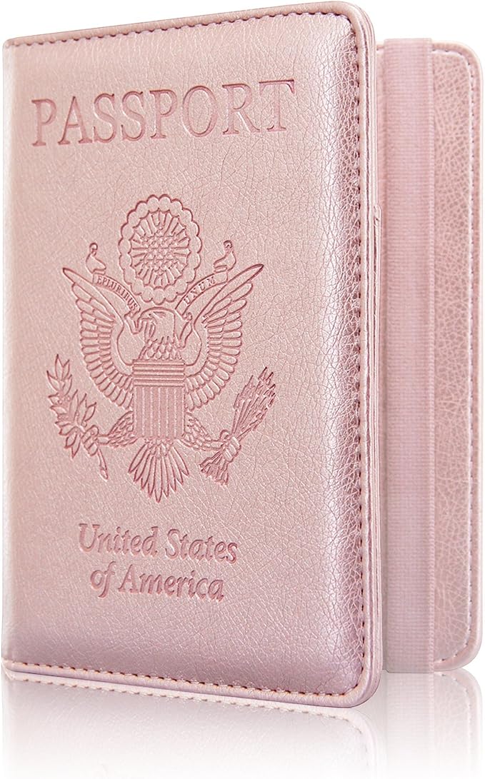 ACdream Passport Holder Cover, Leather Travel Wallet Case, RFID Blocking Document Organizer Protecrtor, with Slots for Credit Cards, Boarding Pass, for Women and Men, Rose Gold