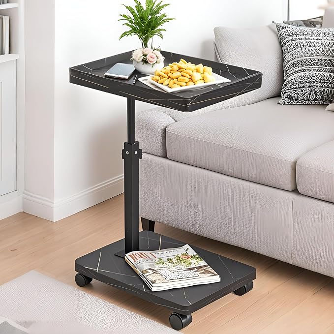 C Table End Table Adjustable Height,C Shaped End for Couch，Snack Tables,360°Swivel TV Tray Sofa Table,Tables that Slide Under,Coffee SideTable for Bed,Chair,Bath-tub (Black Color)