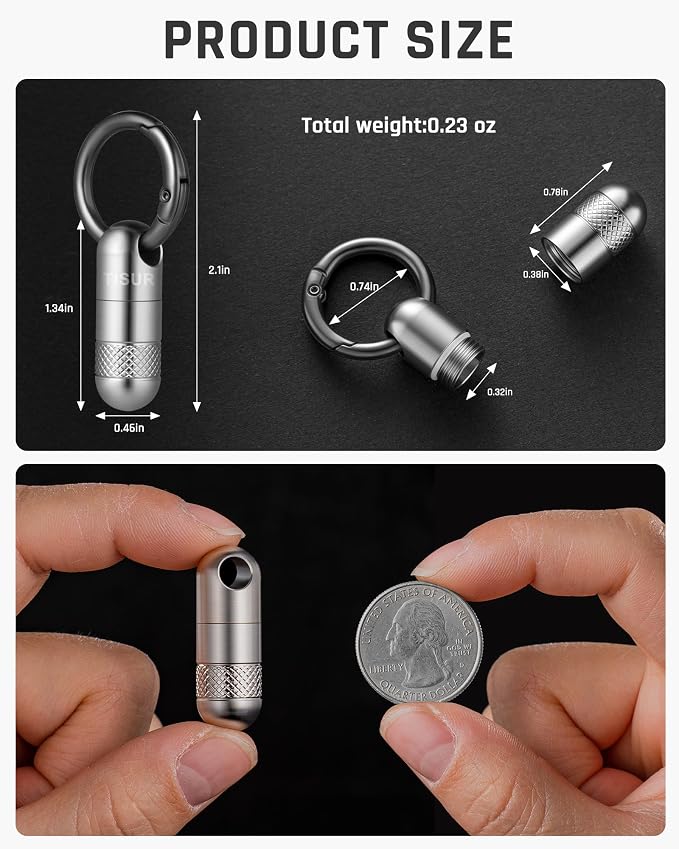 TISUR Small Titanium Keychain Pill Holder, Pocket Pill Case for Travel | Waterproof Pill Fob,Portable Pill Box Container,Purse Pill Organizer Tube