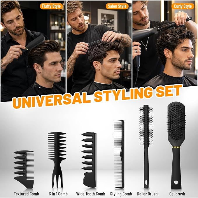 SALONSILK 6PCS Mens Hair Brush & Styling Comb Set | Fine & Wide Tooth Comb, Roller and Gel Hair Brush for Men, Professional Barber Tools for All Hair Types