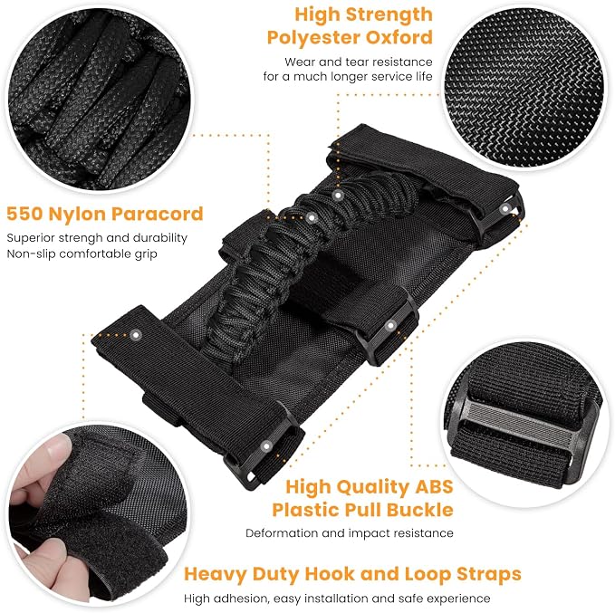 Roll Bar Grab Handles Grip Handle for Jeep Wrangler JK JKU JL JLU TJ YJ Sports Sahara Freedom Rubicon Unlimited Gladiator JT 1955-2023 UTV ATV Accessories Premium 550 Paracord (Black 2 Pack)