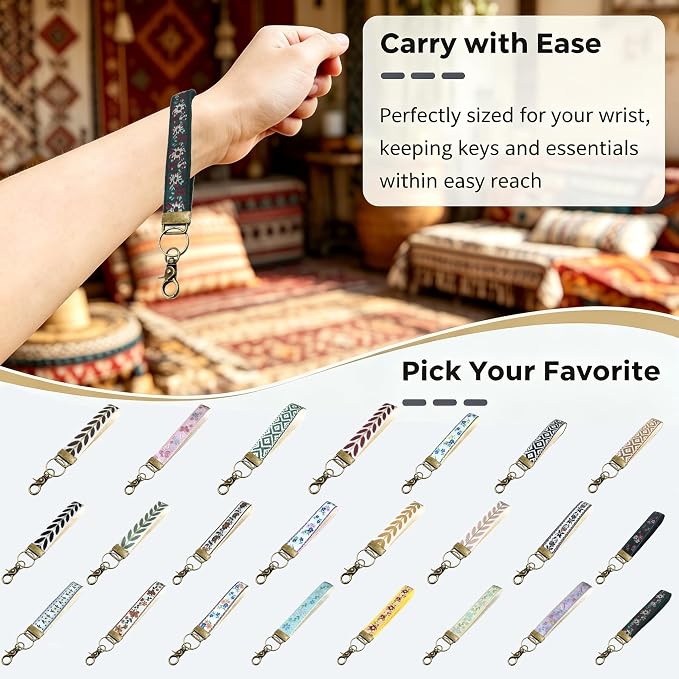 Boho Vintage Embroidered Floral plant Wristlet Keychain for Women | Cute Lanyard&Antique Brass Clasp, Lightweight Hands-Free Key Holder for keys,purses,handbags and daily outdoor use for ladies