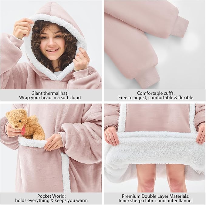 JOYWOO Pink Oversized Wearable Blanket Hoodie,Cat lovers Long Hoodie Blanket for Adult,Birthday Gifts for Women Mom Girlfriend,Cozy Sweatshirt Hooded Blanket Giant Pocket Gifts,Dusty Pink Oversize