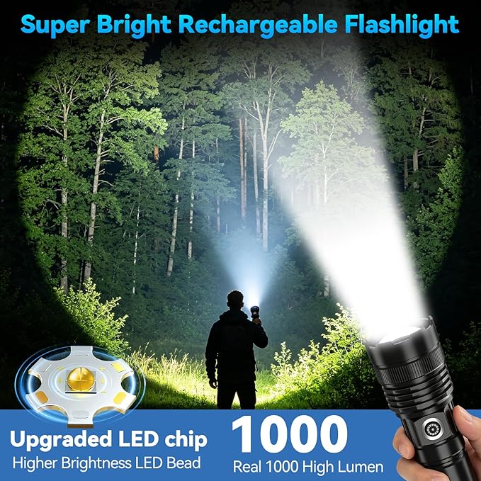 Rechargeable Flashlights High Lumens, Super Bright Tactical Flashlight 3 Modes with Power Display, Waterproof Zoomable LED Flash Light for Home Emergencies Camping Hiking