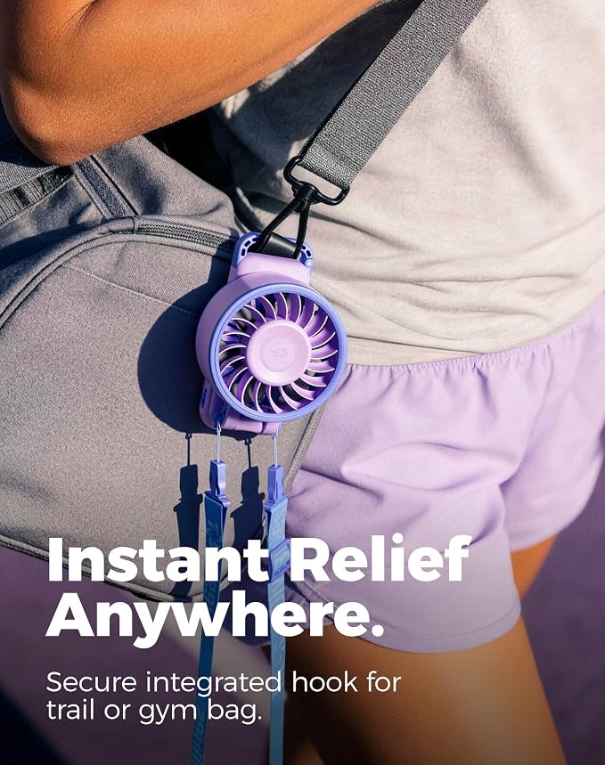 Diveblues Portable Turbo Fan, Purple Personal Neck Fan, Small Travel Fan | 7.4m/s High Speed, 180° Foldable 4-in-1, 100 Speed Stepless Control, USB-C Rechargeable