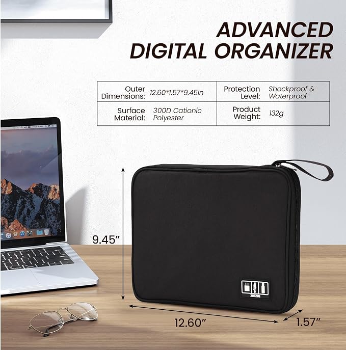 Electronic Organizer Travel Case, Slim Cable Accessories Pouch, Single Layer Tech Pouch & Cord Storage Bag for Chargers, Power Bank, SD Cards - Minimalist Travel Essentials