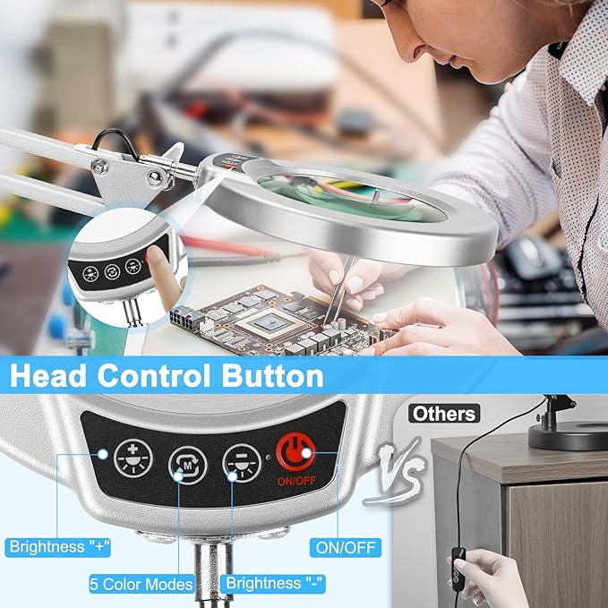 10X Magnifying Glass with Light and Clamp, Real Glass Stand Lighted Magnifier, 5 Color Modes Stepless Dimmable LED Desk Lamp Hands Free for Crafts Hobby Reading Painting Close Work - Silver