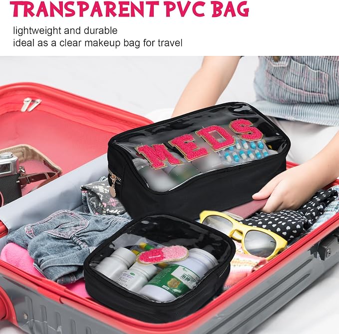 Hillban 2 Pcs Medicine Bag Chenille Letter Patch Meds Bags Travel Cases Preppy Clear Nylon Portable Makeup Bags Zipper Cosmetic Toiletry Storage for Women PVC Transparent Mini First Aid Bag(Basic)