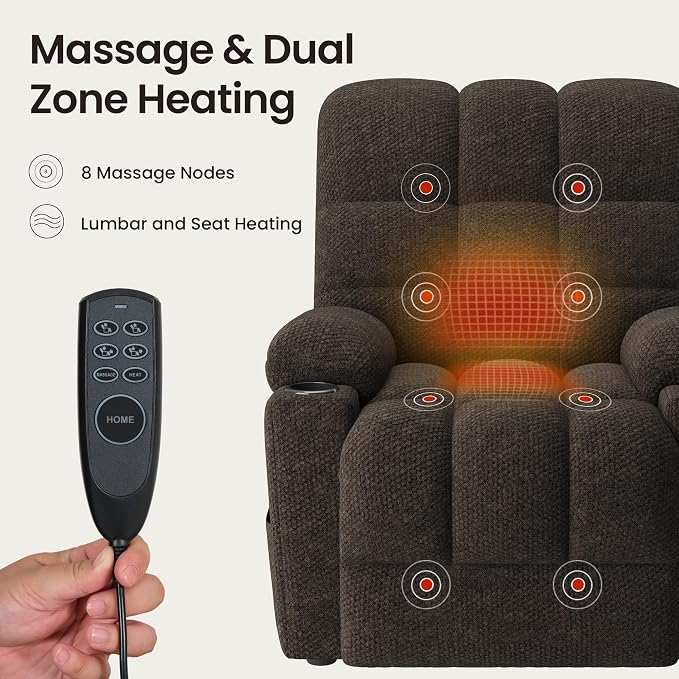 COLAMY Dual Motor Power Lift Recliner Chair for Elderly, Heavy Duty Bariatric Stand Up Assist Sofa with Independent Back & Footrest, Zero Gravity, Massage Heat & Breathable Fabric,Coffee Brown