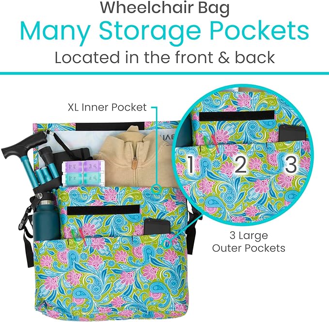 Vive XL Wheelchair Accessories Bag - Waterproof, Scratch-Resistant, Double-Stitched, Machine Washable for Adults, Seniors, 15 Colors - Storage Walker Backpack to Hang on Back