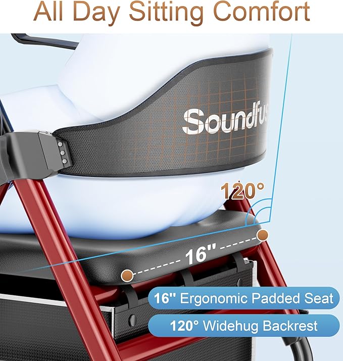 Rollator Walkers for Seniors with Seat, Foldable Lightweight Rolling Walker with 8" Big PU Wheels, Ergonomic Seat, Dual Height Adjustment