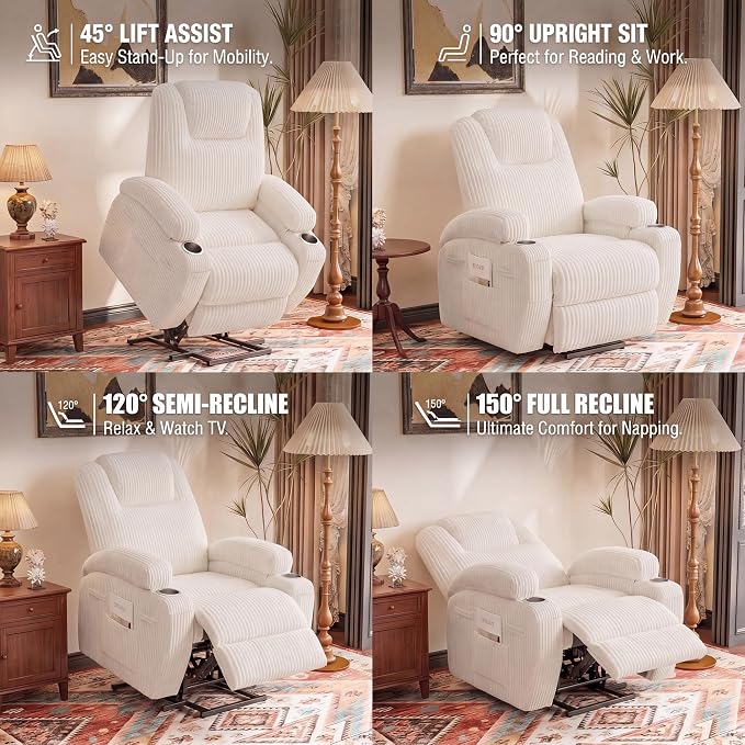 Flamaker Power Lift Recliner Chair Electric Lift Recliner for Elderly | Power Lift Recliner Chair with Cup Holders Side Pockets for Living Room (Corduroy, Beige)
