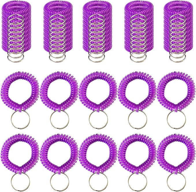 10 Pieces Wrist Coil Keychain Spiral Key Ring, Clear Purple | Wristband Bracelet Key Holder for Pool Gym ID Badge