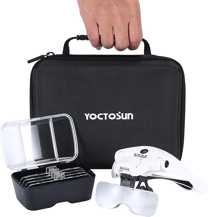 YOCTOSUN Magnifying Glasses with 4 LED Lights, Head Mount Magnifier with Storage Case,5 Lenses, Headband, Hands Free Lighted Head Magnifying Visor for Hobby Crafts & Close Work
