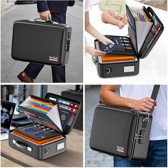 DocSafe Fireproof Document Box Hard Case with Lock ＆ Accordion File Folder | Fire and Water Resistant Safe Box,File Organizer,Multi-Pocket,Home Office Travel Storage for Important Document,Laptop,Black