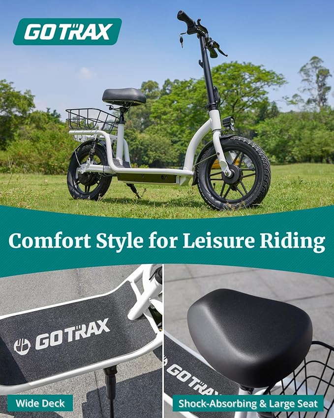 Gotrax Adult Electric Scooter with Seat, Max 19-25miles Range, 15.5-20mph Power by 350W-500W Motor, All-Terrain Tire & Wider Deck & Soft Cushioning Seat with Carry Basket