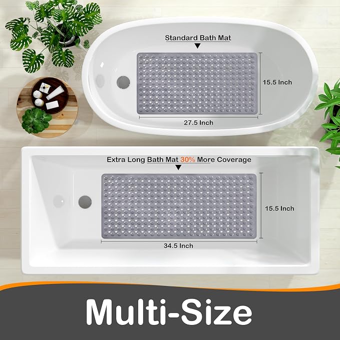 Yimobra Bath Tub Mat Non Slip, 34.5"X15.5" Long Shower Mat, Machine Washable Bathmat with Drain Holes and Suction Cups, Soft on Feet, Bathroom Essentials, Grey