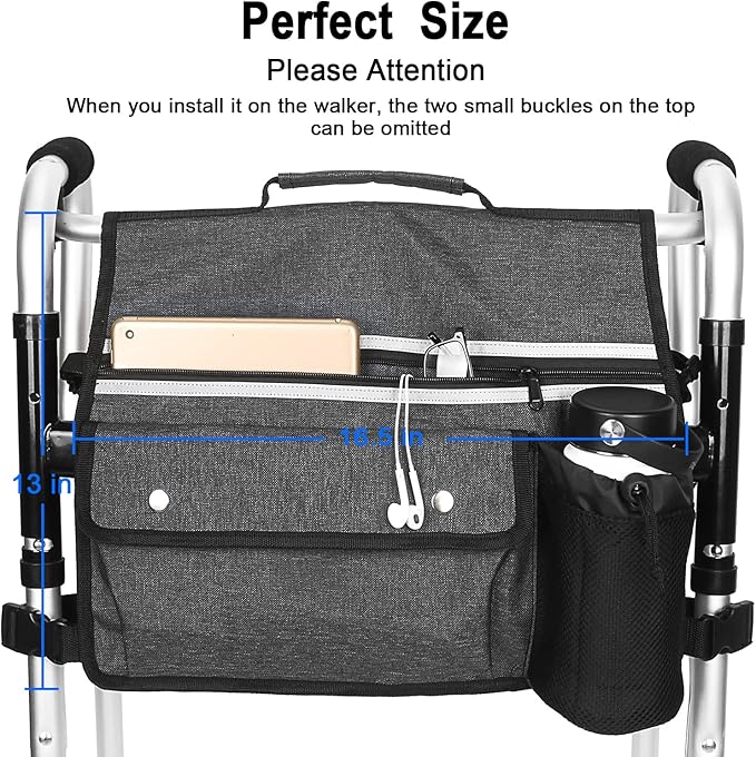 Wheelchair Storage Bag, Double-Sided Armrest Pouch with Cup Holder and Reflective Strip, for Wheelchairs and Walkers (Black)