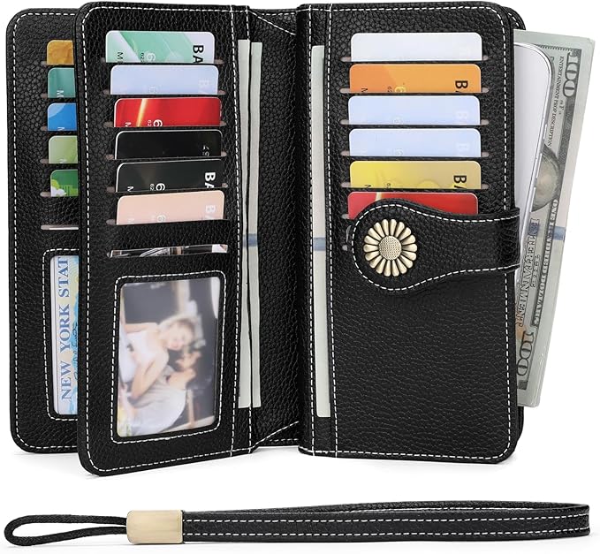 SENDEFN Wallets for Women Leather Credit Card Holder with RFID Blocking Large Capacity Wristlet | with RFID Blocking