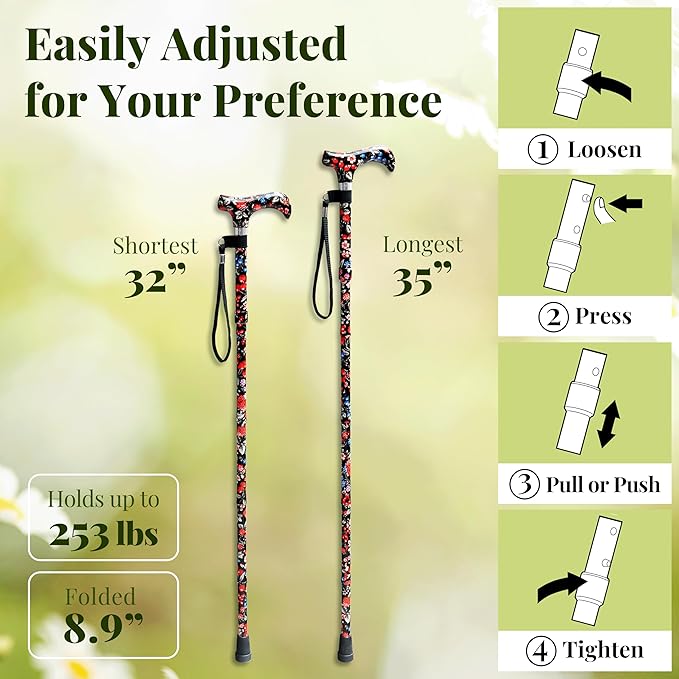 Merry Sticks Lightweight Foldable Walking Canes for Women and Men, Adjustable & Collapsible Walking Stick for Seniors, Balancing Mobility Aids, Ergonomic Handle & Wrist Strap - Tahiti Blue