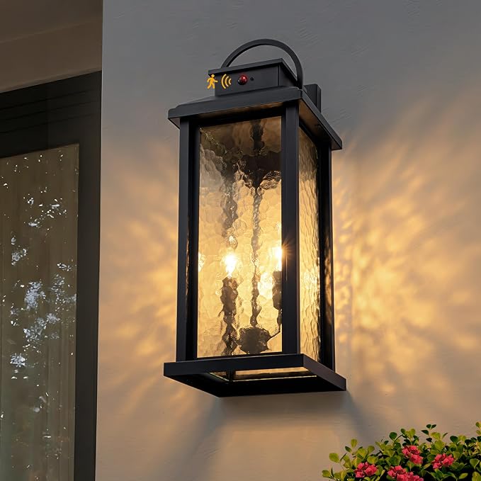20 Inch Large Motion Sensor Outdoor Wall Lights | Matte Black, 3 Lighting Modes, E12 Sockets, Water Glass, Hardwired, Waterproof Dusk to Dawn Outdoor Lighting For Patio Garage