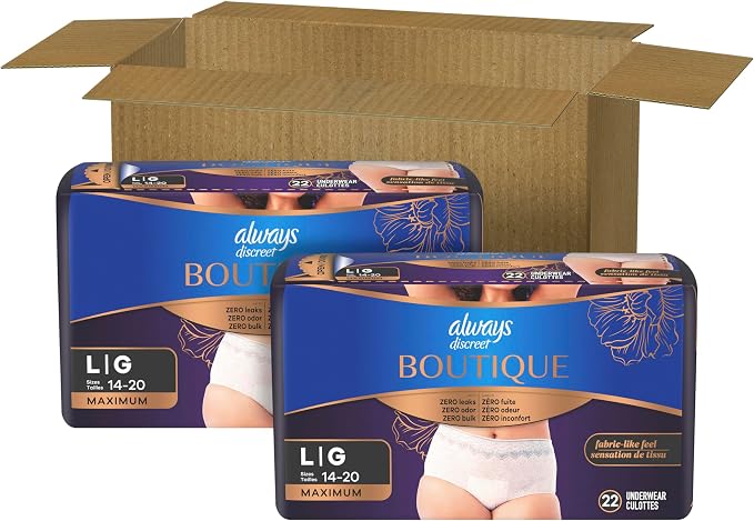 Always Discreet Boutique Incontinence and Postpartum Underwear for Women, Maximum Protection, Large, Rosy, 44 Count (2 Packs of 22)