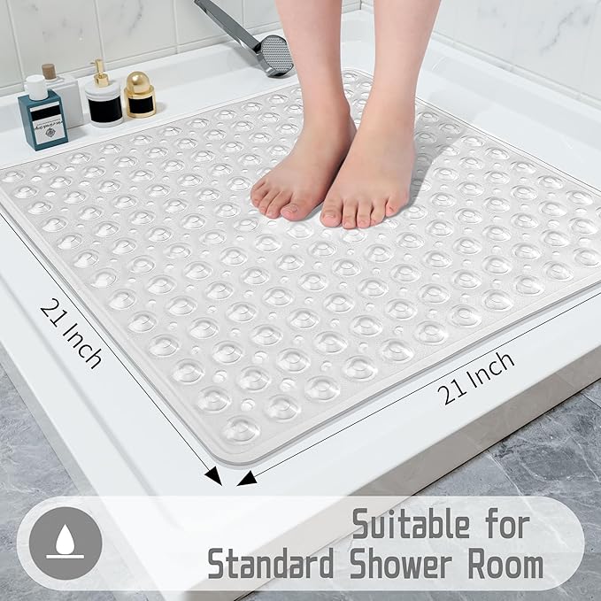 Yimobra Shower Stall Mat Non Slip, 21x21 Inch, Soft Square Bath Mat for Shower with Suction Cups and Drain Holes, Stall Floor Mats for Bathroom, Machine Washable, Bathroom Accessories, Clear