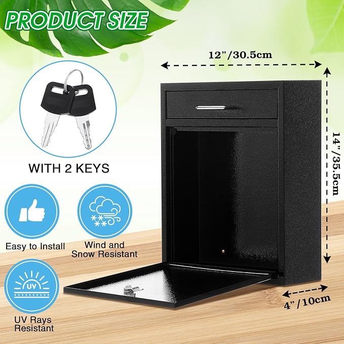 Yaocom Locking Mailbox with Key for Outdoor 14 x 12 x 4 Inches Large Wall Mount Mail Box with Lock Security Mail Drop Metal Collection Boxes Hanging Secure Postbox (Black)