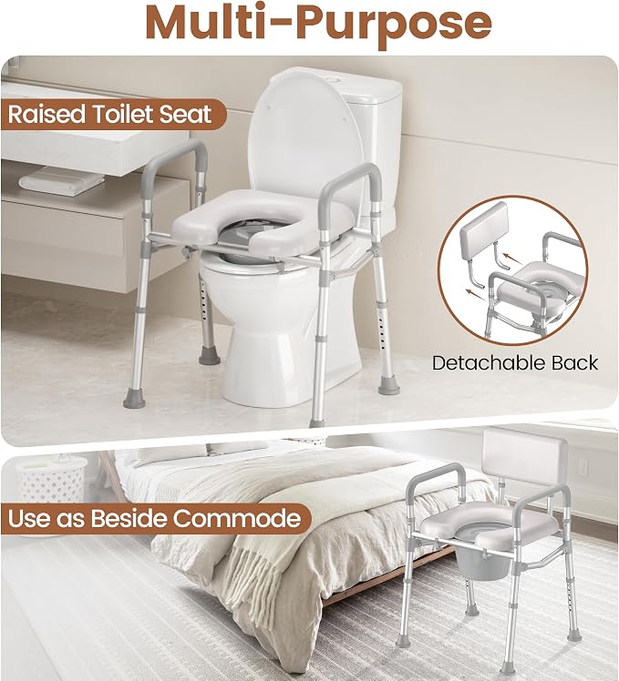 soundfuse Bedside Commode Toilet, Padded Seat and Backrest, Aluminum Frame | Height Adjustable, Dual-Crossbar, Portable Toilet for Seniors and Adults, Removable Potty Bucket, Tool-Free Assembly, 350 lbs