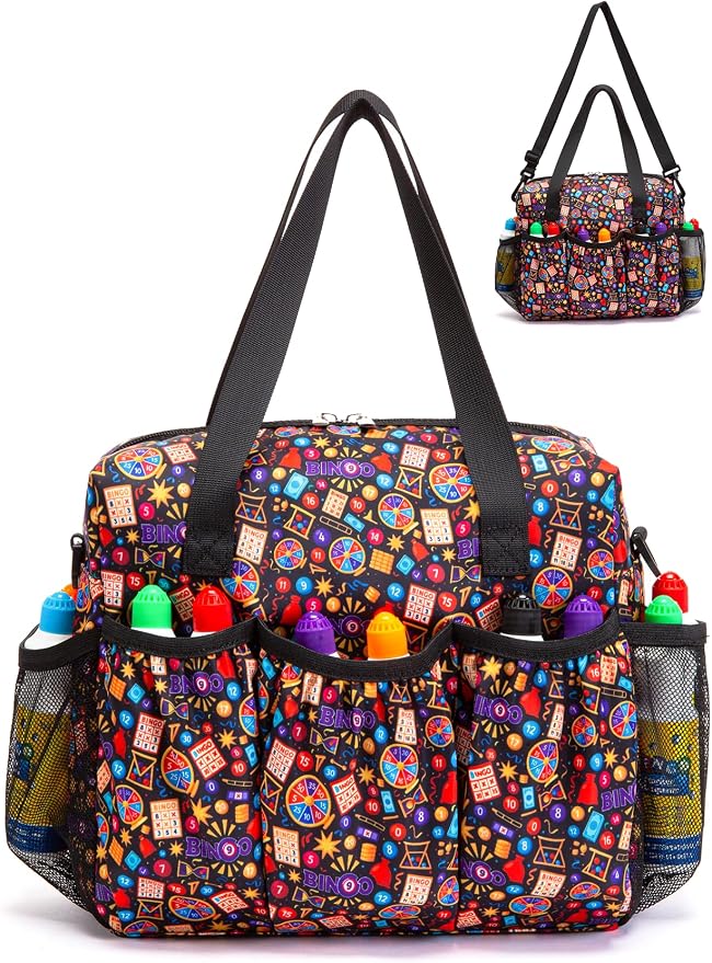 Bingo Bag with Pockets for Daubers Dabbers Bolsa Negra para Juego Black | Organizador portátil; holds dabbers, cards, tickets, chips and lucky charms for casino nights