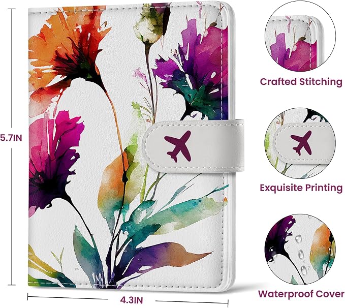 Passport Holder for Travel Essentials, RFID Blocking Leather Cover Wallet with Magnetic Closure, Aesthetic & Cute Passport Book Case for Women and Men - Floral
