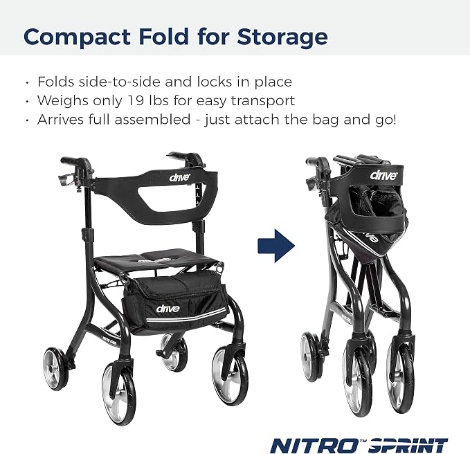 Drive Medical Nitro Sprint Rollator Walker with Seat, Tall Size, Black | Lightweight Rollator with Large Wheels Offers Compact Folding Design for Tall Size Everyday Comfort Use